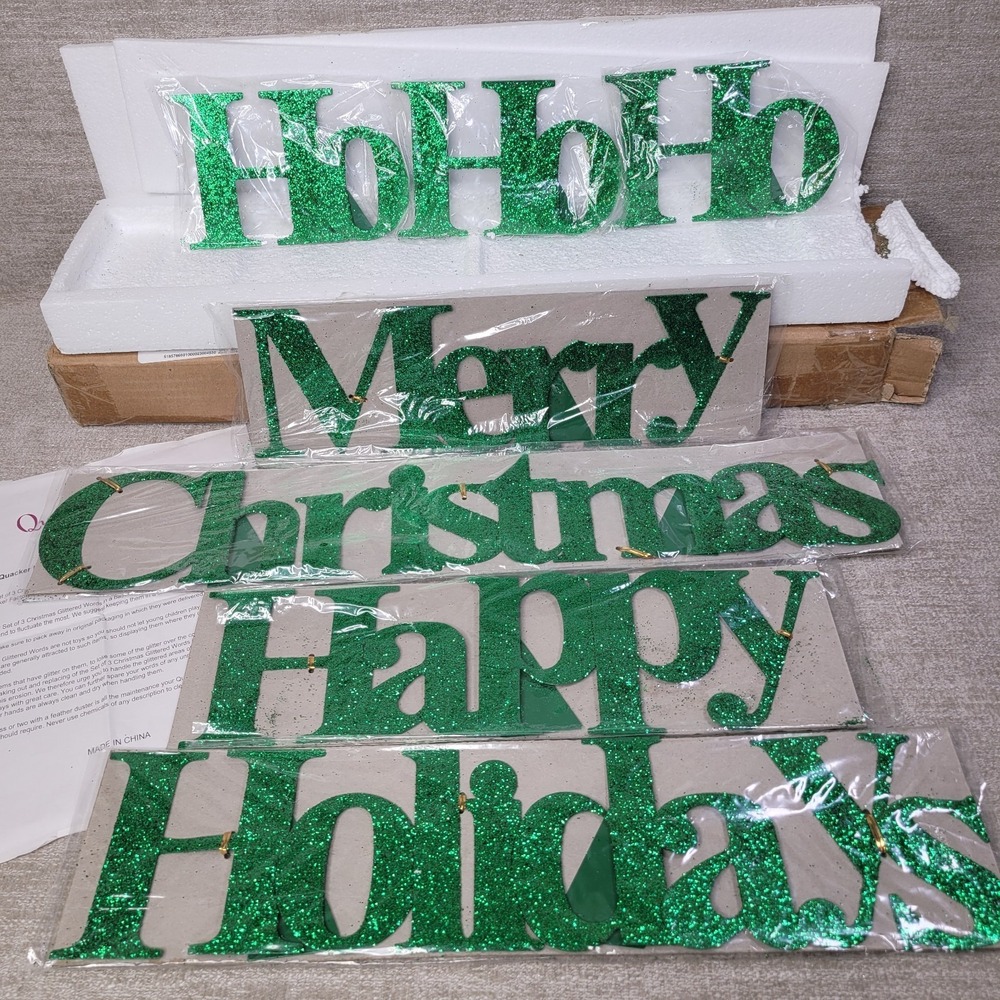 Quacker Factory Green Glitter Merry Christmas Ho Ho Ho & Happy Holidays NEW RARE